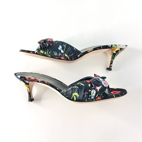 NIB Vintage Gucci Flora Satin Bow Flower Print Kitten Heel Slip On Mules 6 - Picture 5 of 12